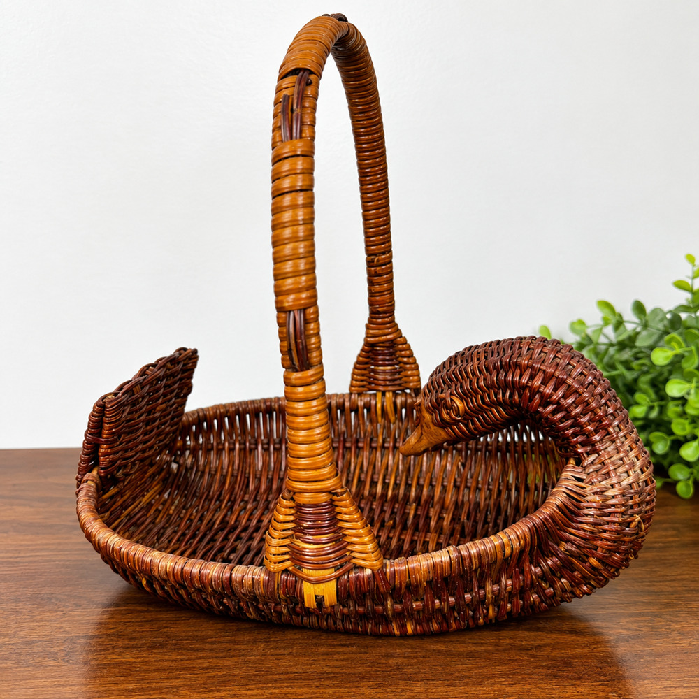 Vintage Goose Wicker Basket Cottagecore with Handle Farmhouse Decor